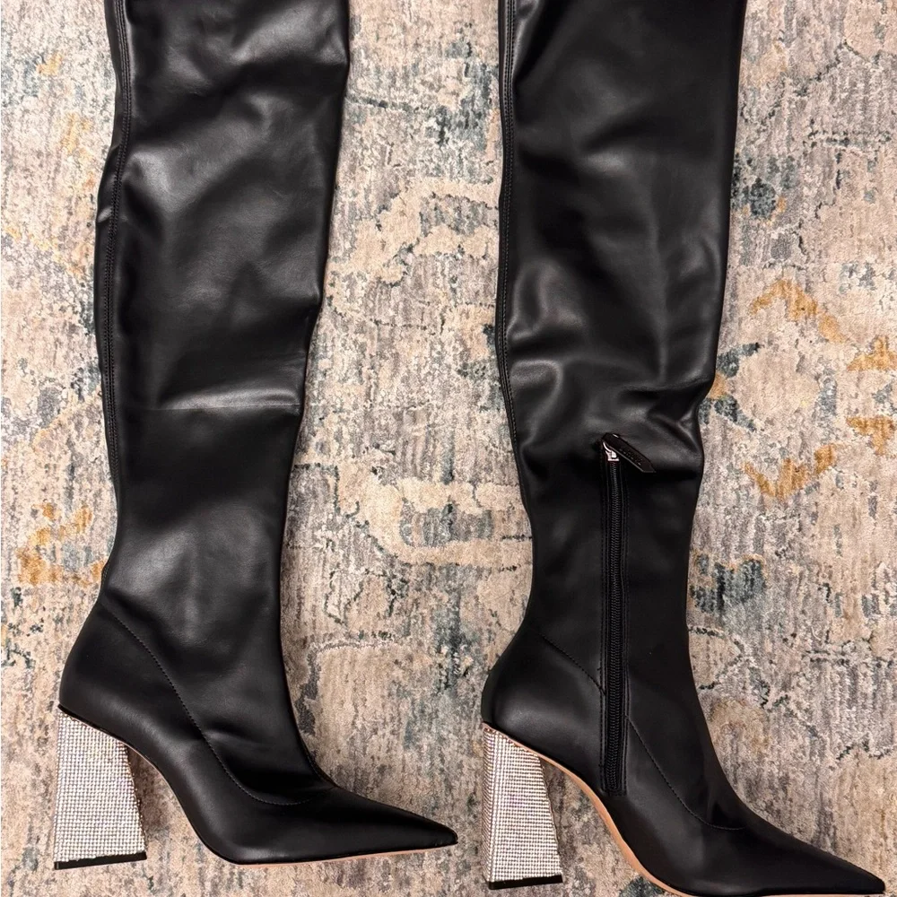 Schutz Black Over-the-Knee Boots with Silver Rhinestone Heel Size 8.5 NWT